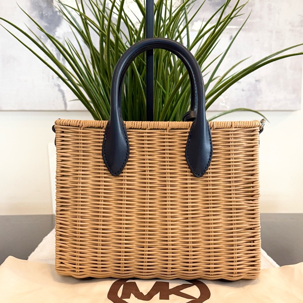 Michael Kors Mirella Navy Trim Wicker Tote Crossbody - Picture 2 of 6